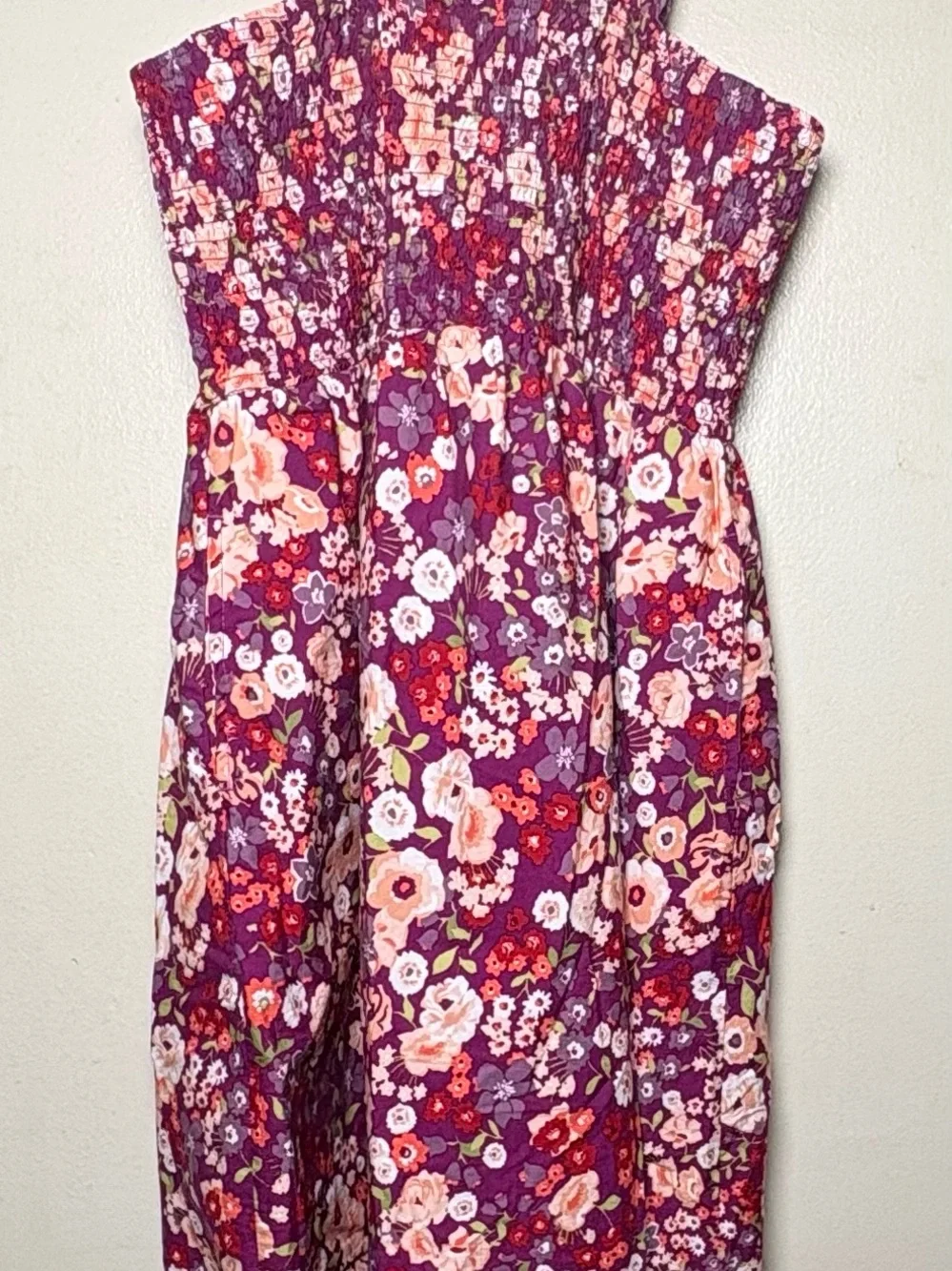 Time and Tru Purple Floral Smocked Casual Dress with Pink Accents